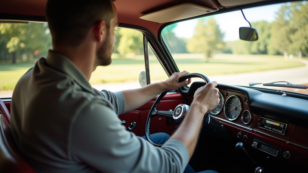 Šoferis sėdi klasikiniame automobilyje, vairas rankose, retro interjeras