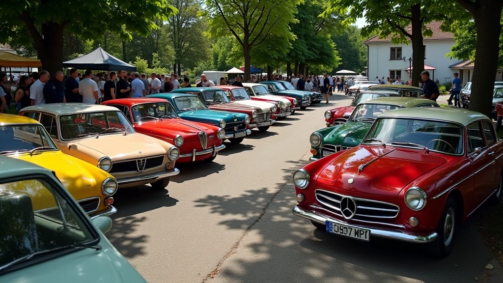 Grupė klasikinių automobilių stovi aikštelėje, šalia stovi žmonės, šventinis renginys