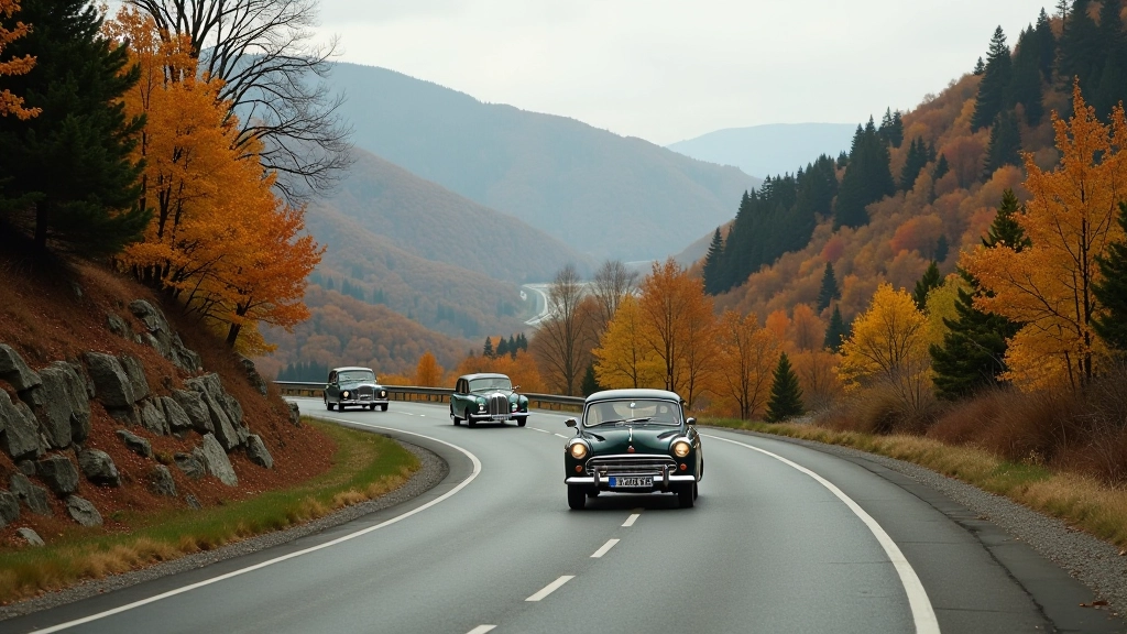 Klasikiniai automobiliai važiuoja per grąžius Lietuvos kraštovaizdžius