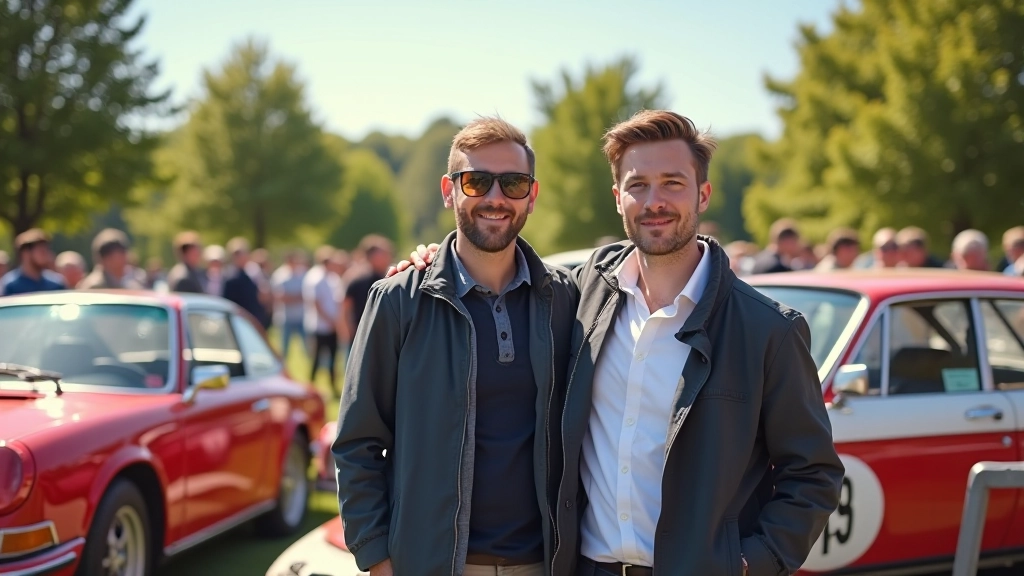 Grupė žmonių stovi šalia klasikinių automobilių, ralystės renginys, saulė, lauko nuotrauka