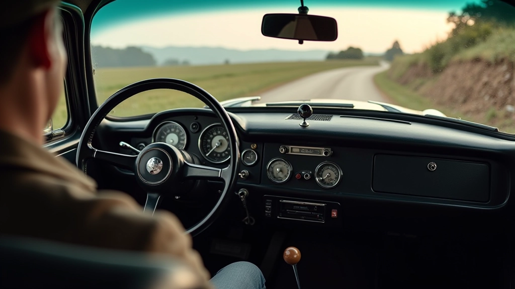 Klasikinio automobilio vidus iš šoferio vietos, vairas, spidometras, retro instrumentai